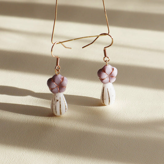 Purple Beaded Earrings – Purple Floral and White Glass Beads
