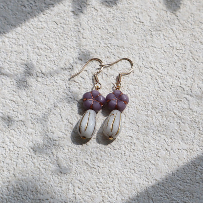 Purple Beaded Earrings – Purple Floral and White Glass Beads