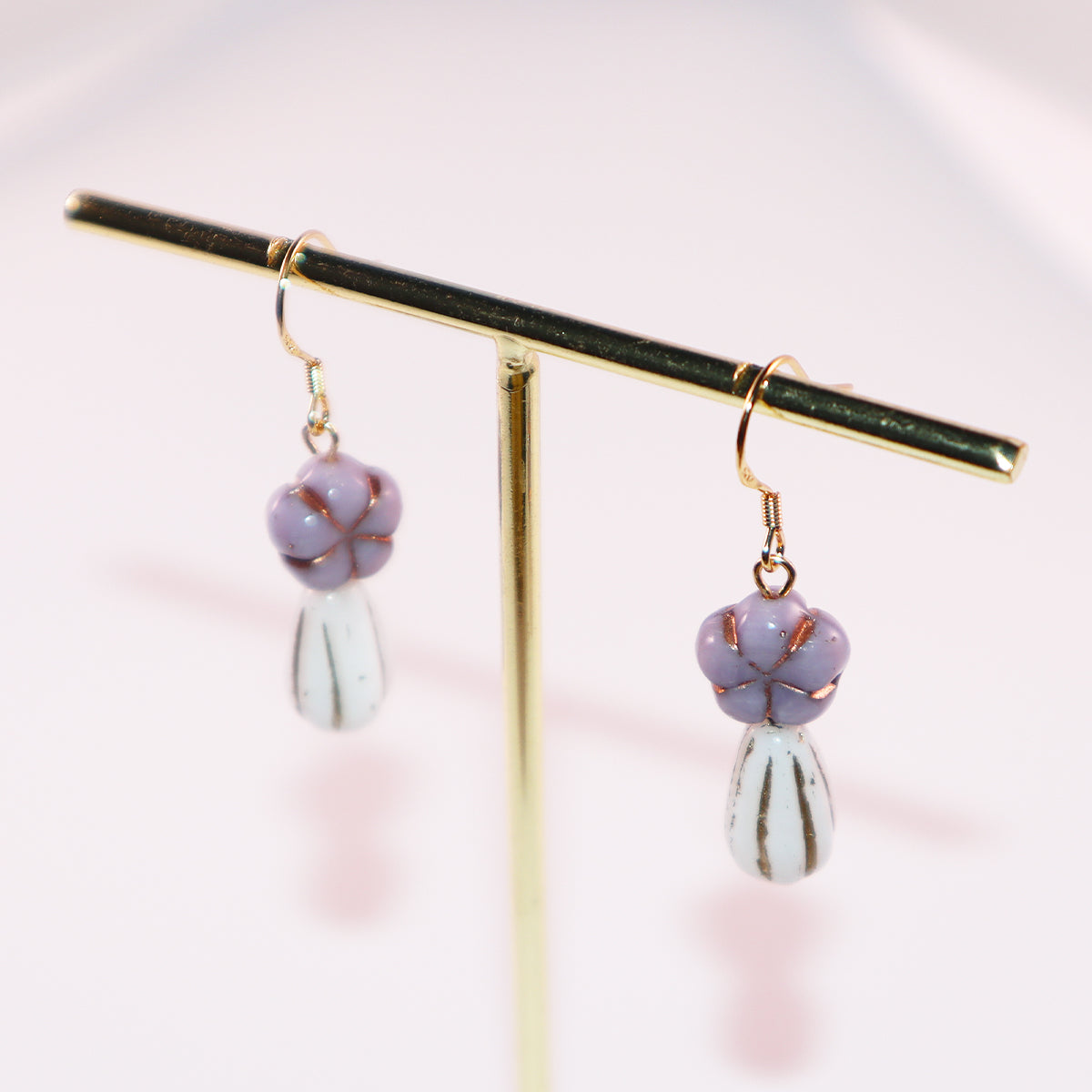 Purple Beaded Earrings – Purple Floral and White Glass Beads