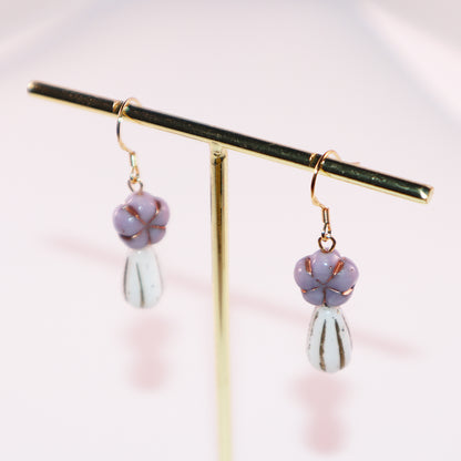 Purple Beaded Earrings – Purple Floral and White Glass Beads