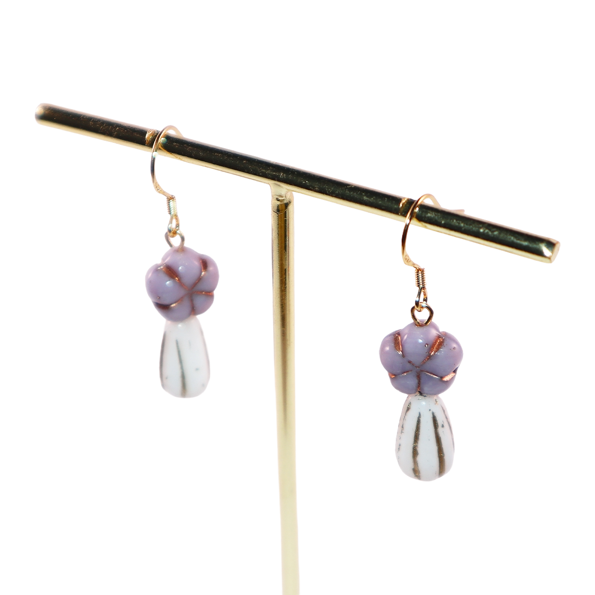 Purple Beaded Earrings – Purple Floral and White Glass Beads