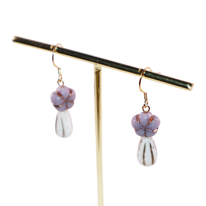 Purple Beaded Earrings – Purple Floral and White Glass Beads
