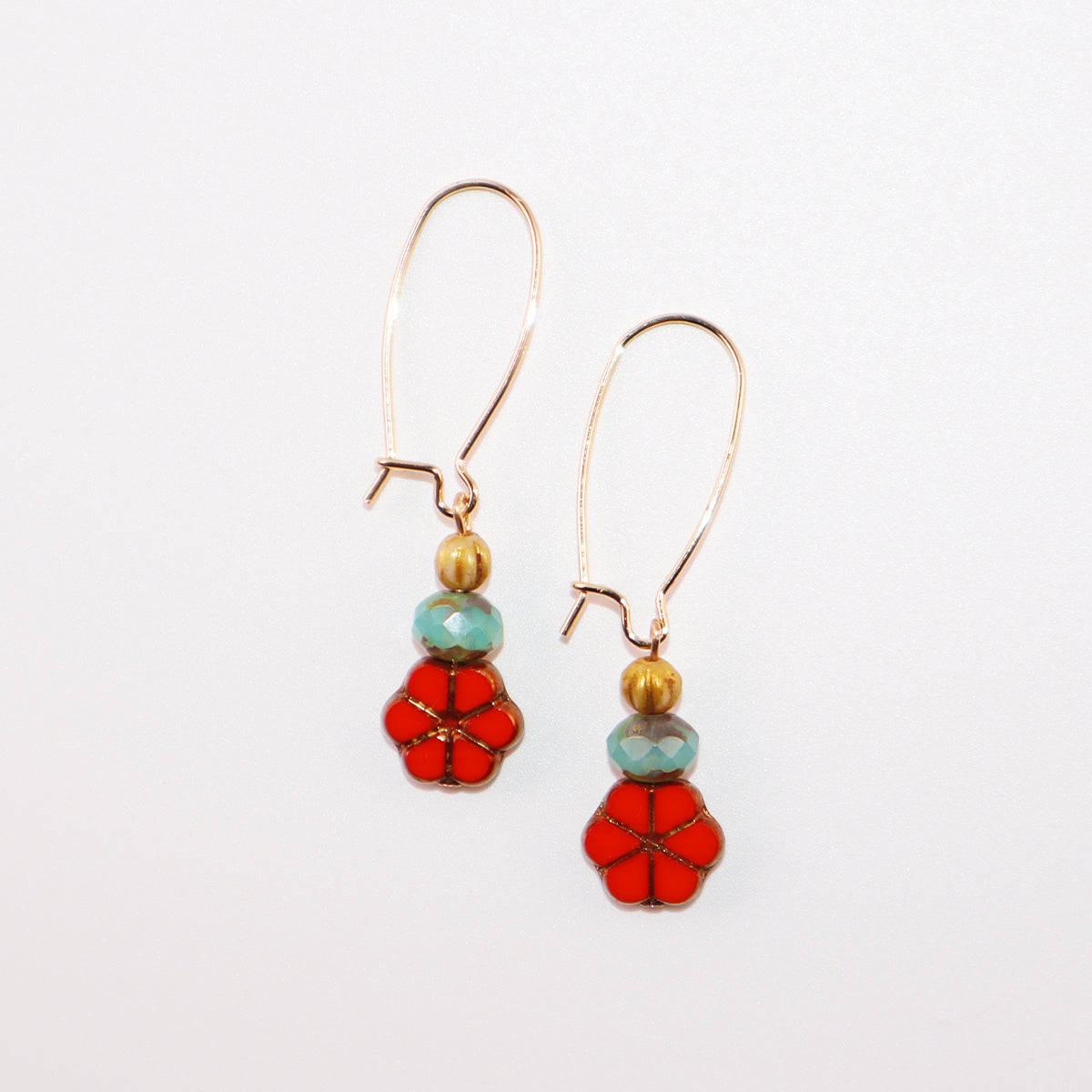 Red Floral Beaded Earrings – Colorful Triple Bead Design