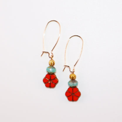 Red Floral Beaded Earrings – Colorful Triple Bead Design