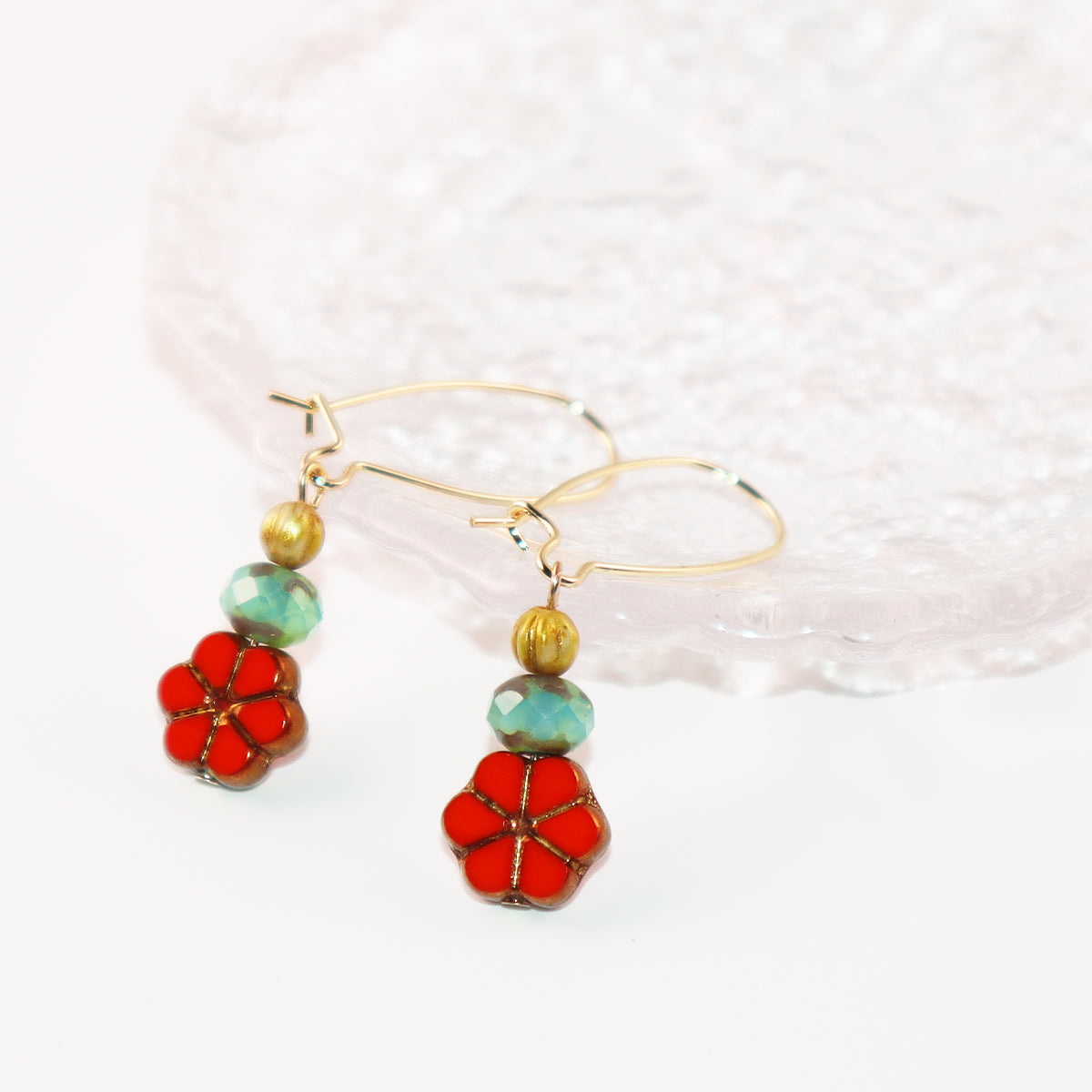 Red Floral Beaded Earrings – Colorful Triple Bead Design