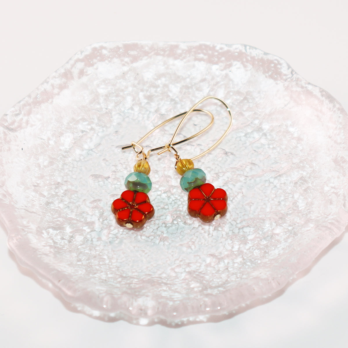 Red Floral Beaded Earrings – Colorful Triple Bead Design