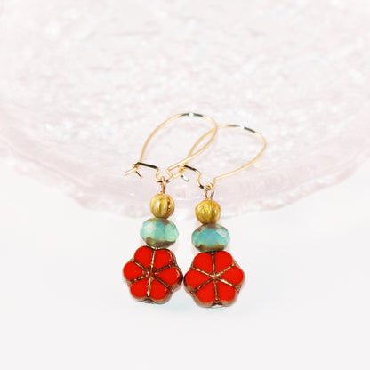 Red Floral Beaded Earrings – Colorful Triple Bead Design