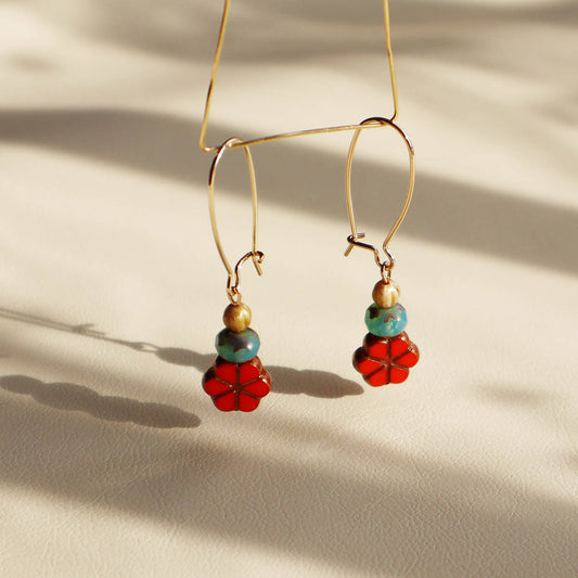 Red Floral Beaded Earrings – Colorful Triple Bead Design
