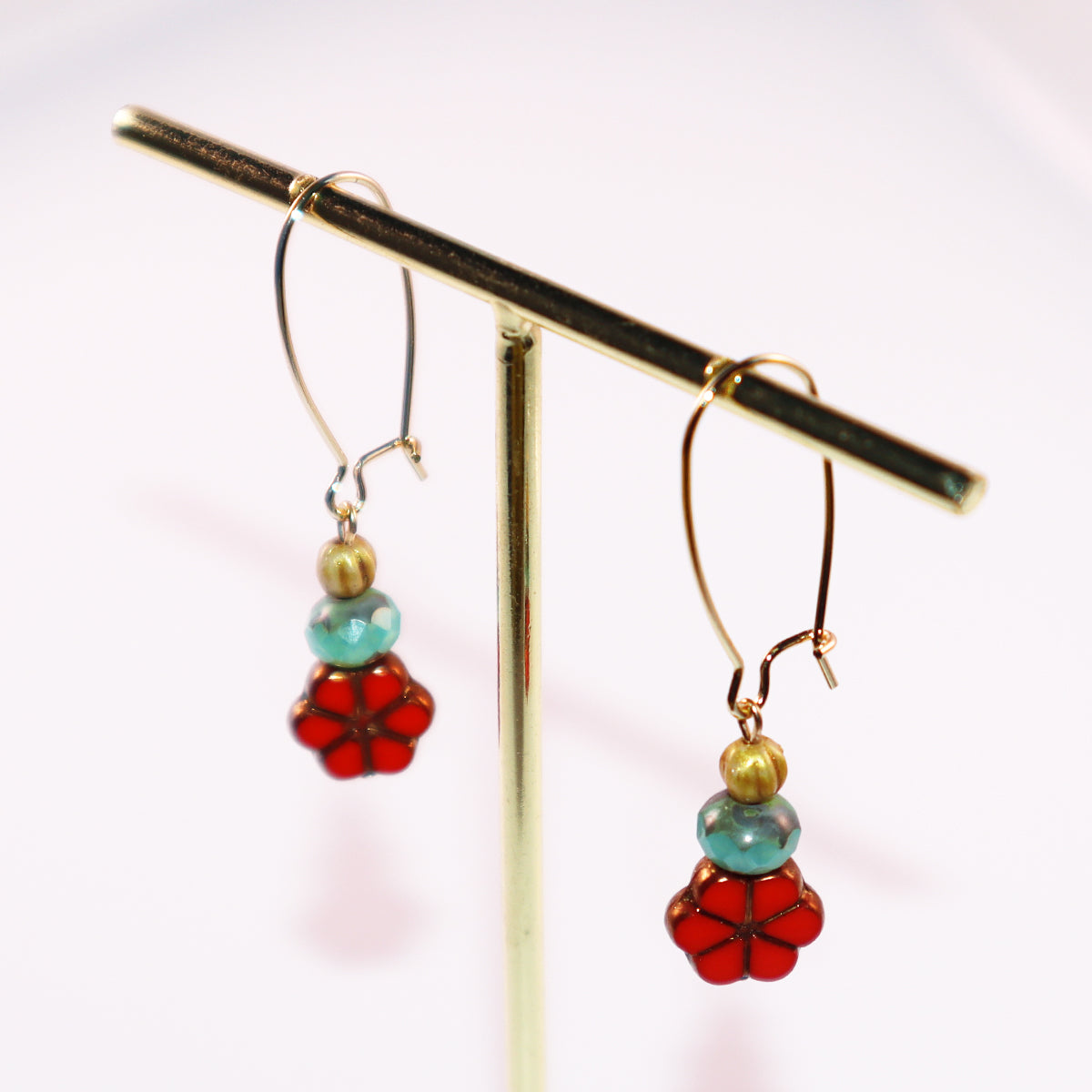 Red Floral Beaded Earrings – Colorful Triple Bead Design