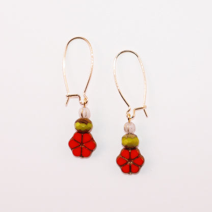 Red Floral Beaded Earrings – Green and White Beads