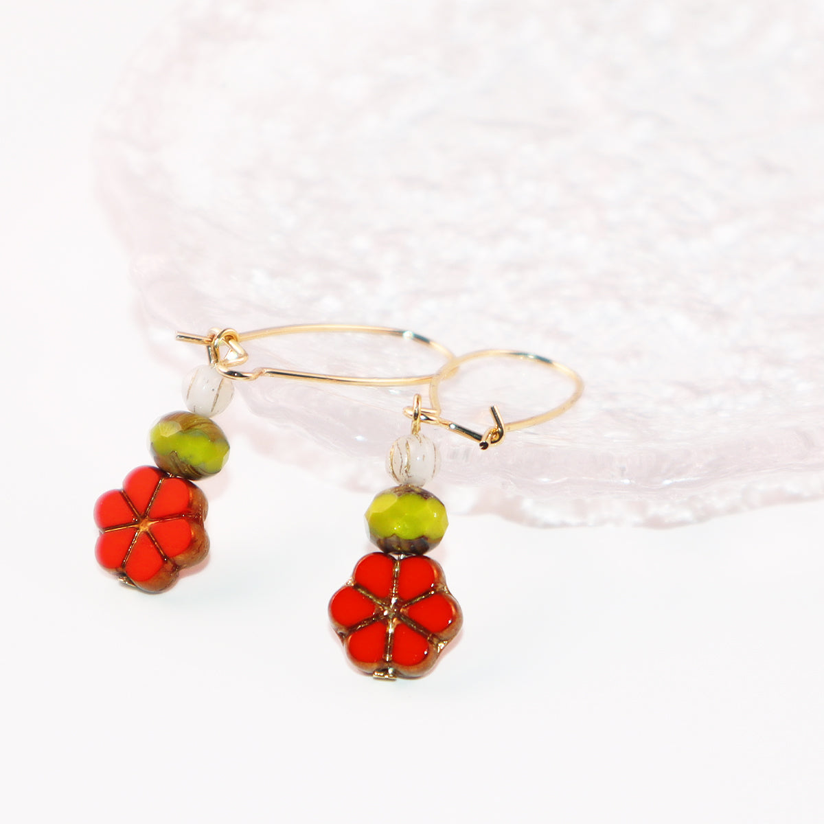 Red Floral Beaded Earrings – Green and White Beads