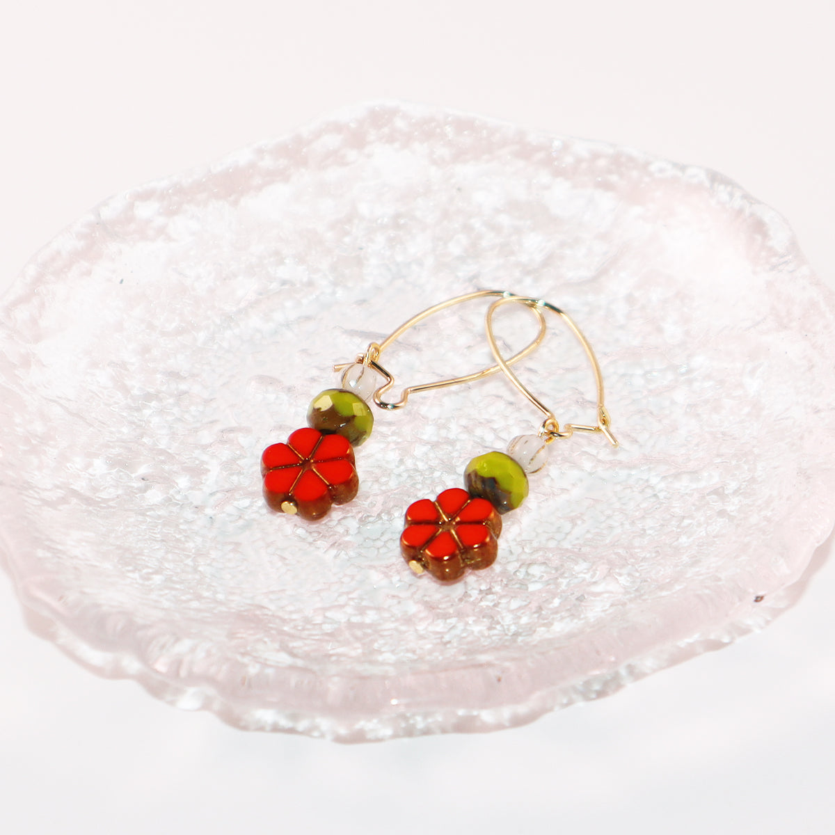 Red Floral Beaded Earrings – Green and White Beads