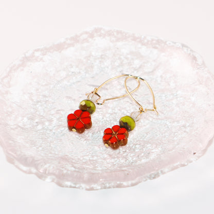 Red Floral Beaded Earrings – Green and White Beads