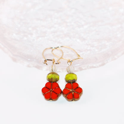 Red Floral Beaded Earrings – Green and White Beads