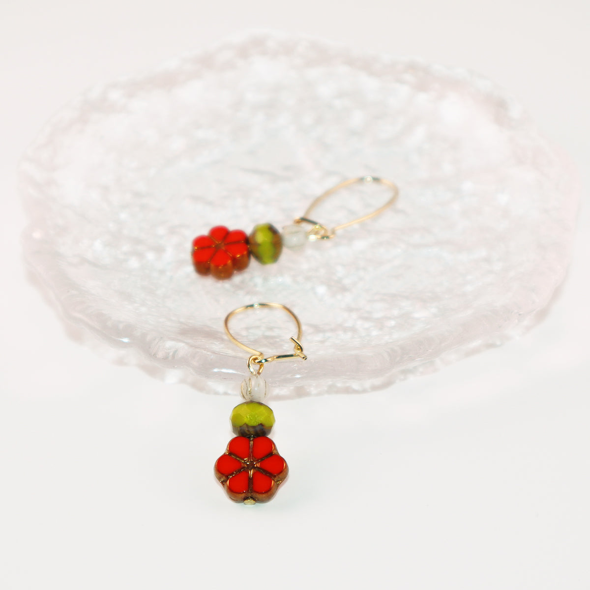 Red Floral Beaded Earrings – Green and White Beads