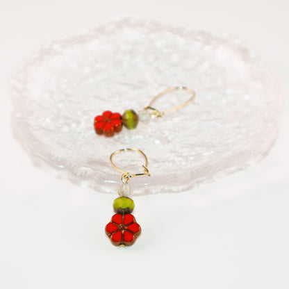 Red Floral Beaded Earrings – Green and White Beads