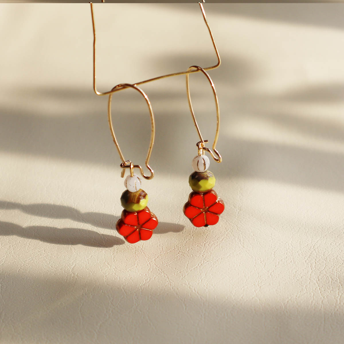 Red Floral Beaded Earrings – Green and White Beads