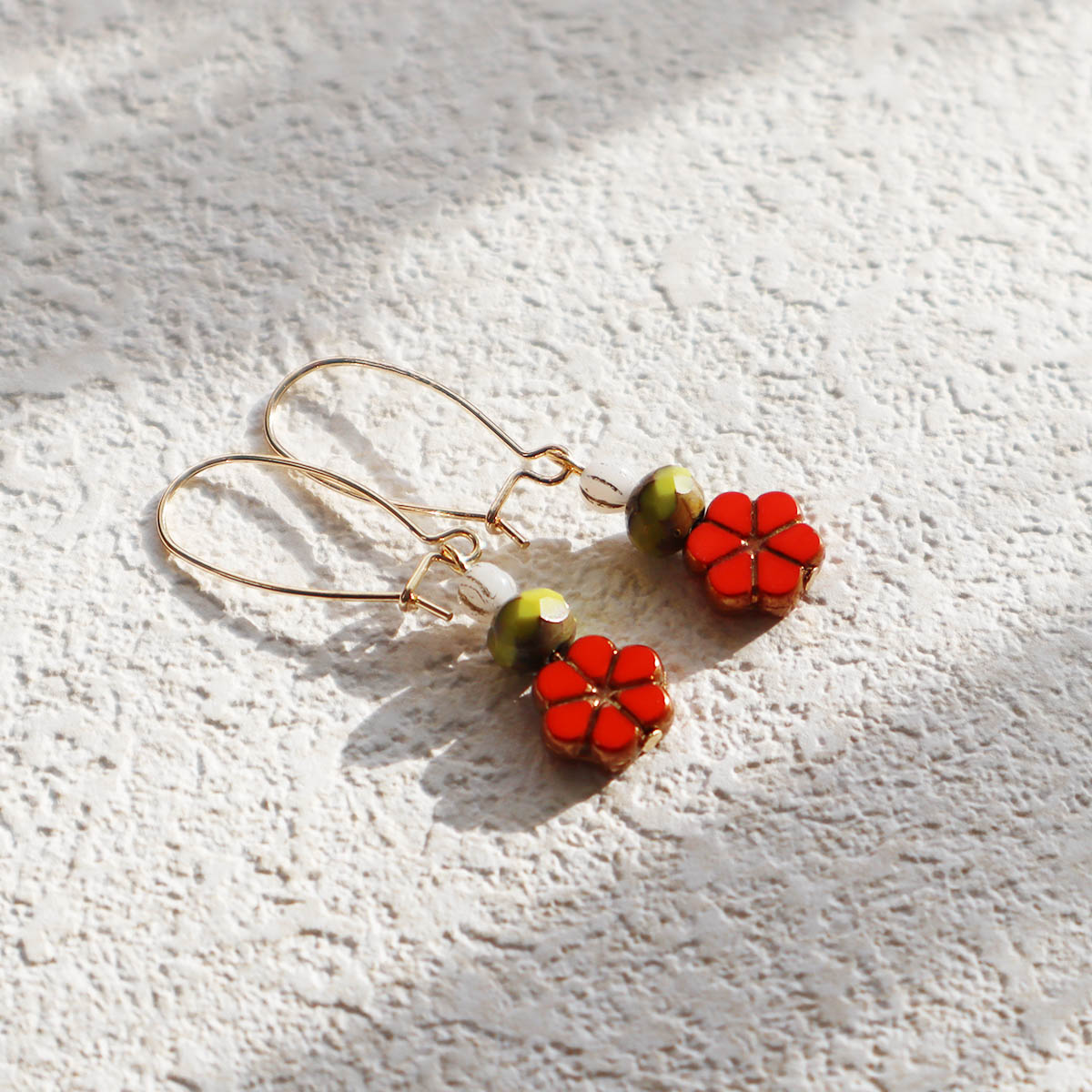 Red Floral Beaded Earrings – Green and White Beads