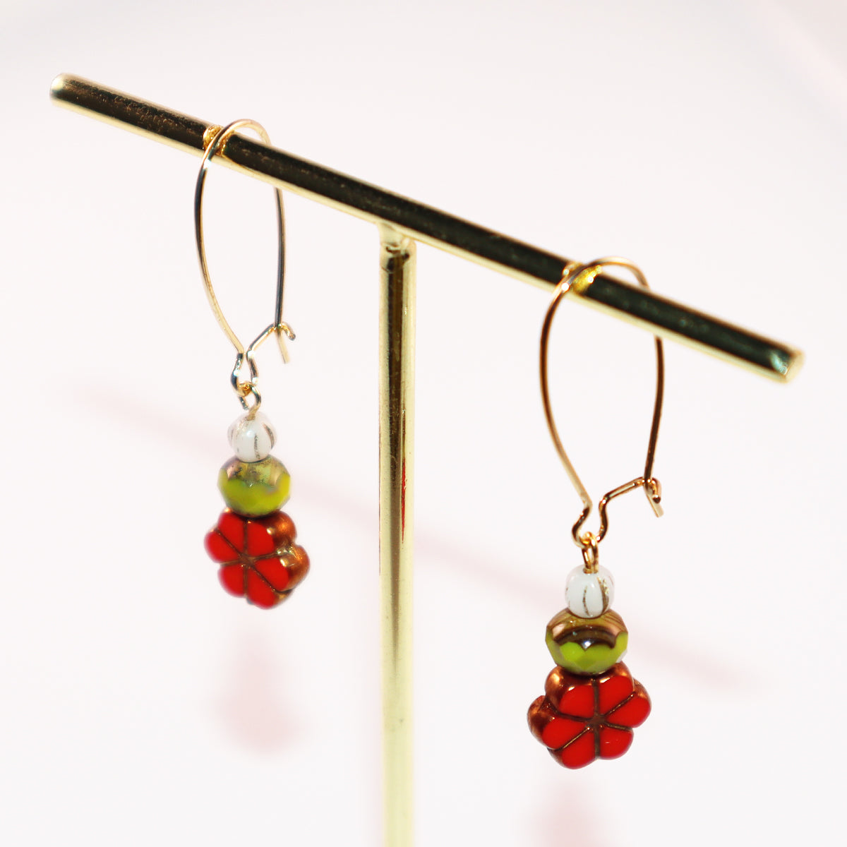 Red Floral Beaded Earrings – Green and White Beads