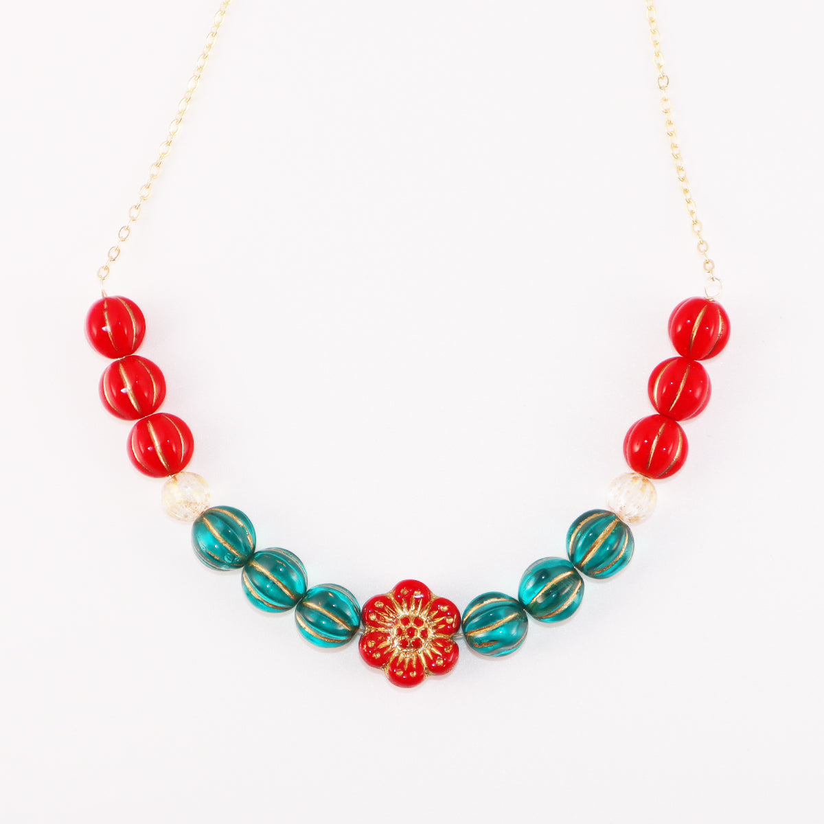 Red Floral Beaded Necklace – Red and Blue Beads