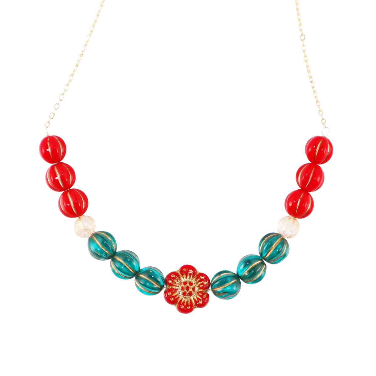 Red Floral Beaded Necklace – Red and Blue Beads