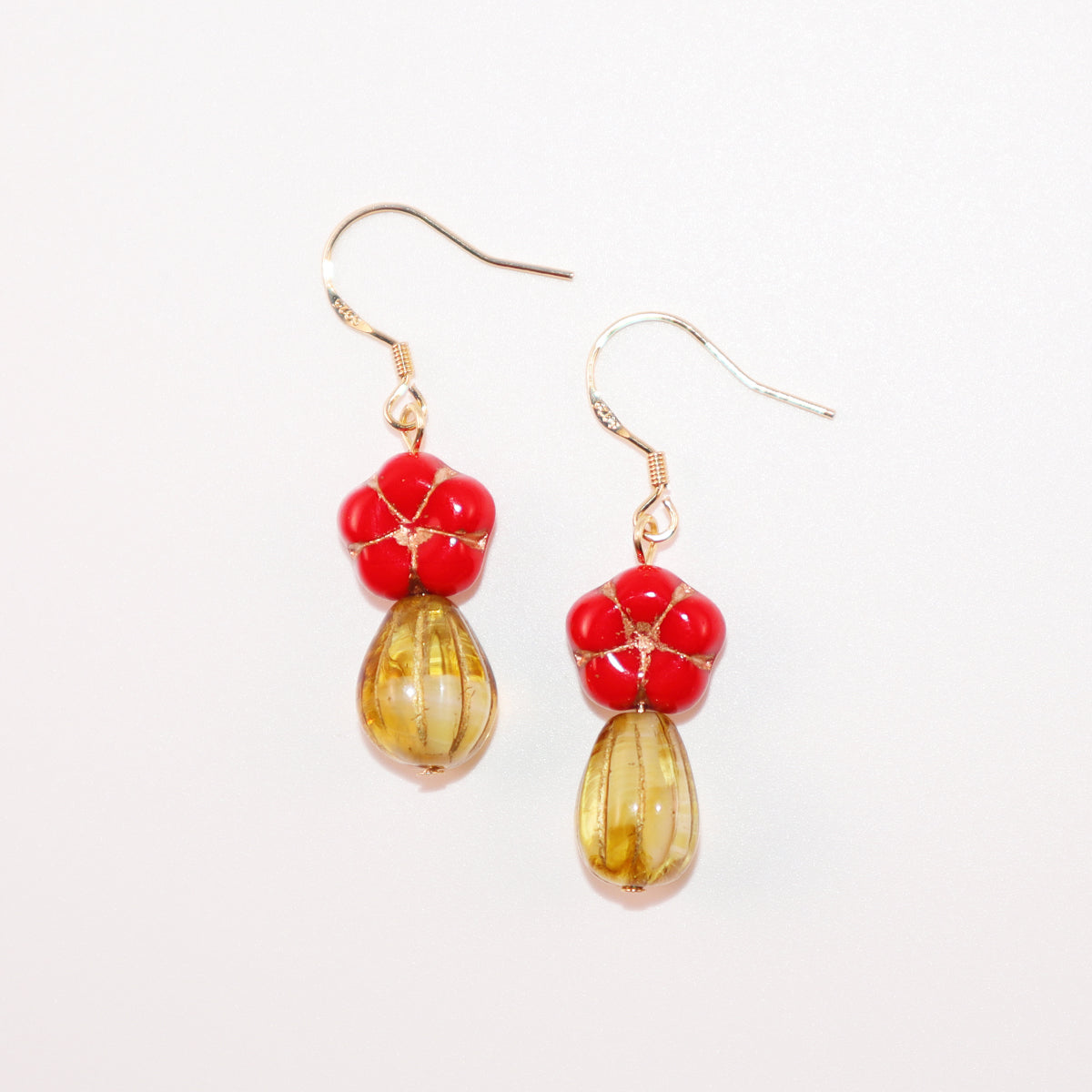 Red Floral Dangle Earrings – Red Flower and Yellow Glass Beads