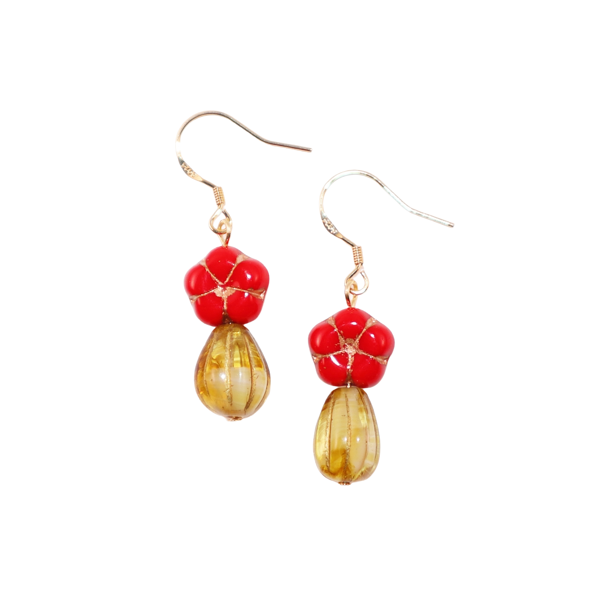 Red Floral Dangle Earrings – Red Flower and Yellow Glass Beads