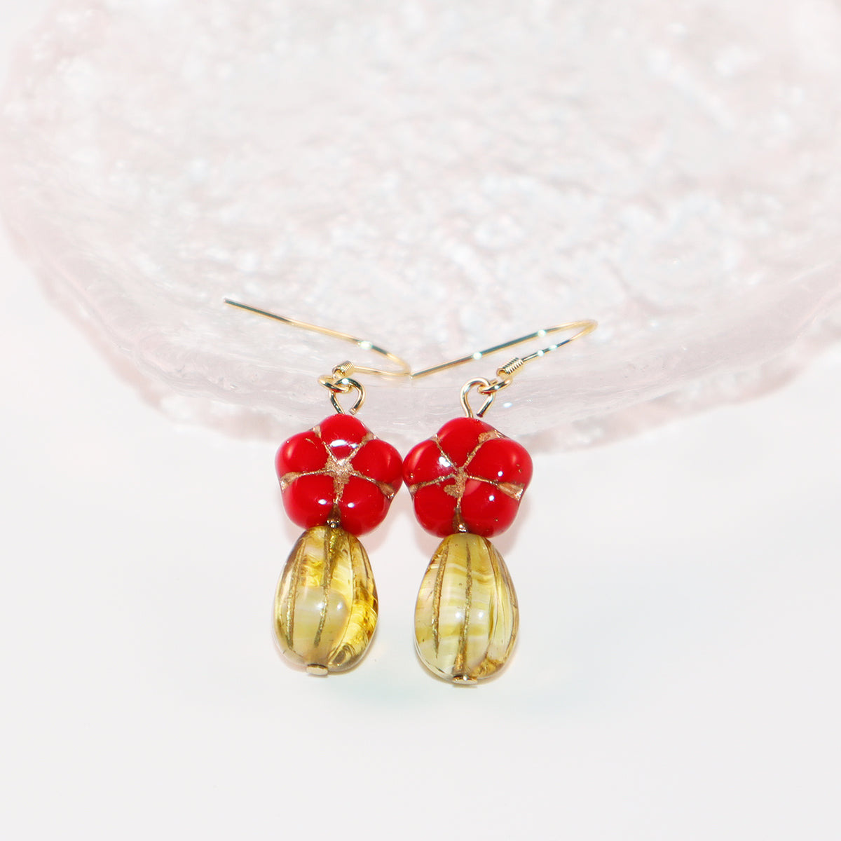 Red Floral Dangle Earrings – Red Flower and Yellow Glass Beads