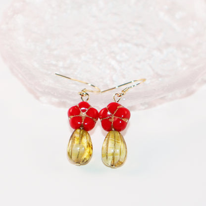 Red Floral Dangle Earrings – Red Flower and Yellow Glass Beads