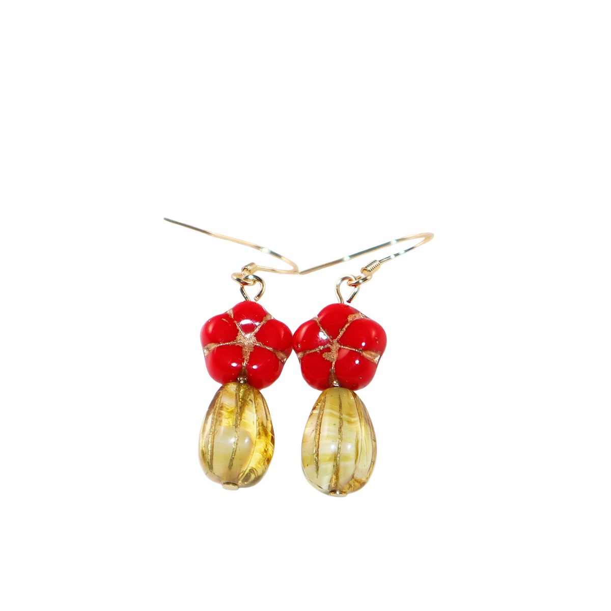 Red Floral Dangle Earrings – Red Flower and Yellow Glass Beads