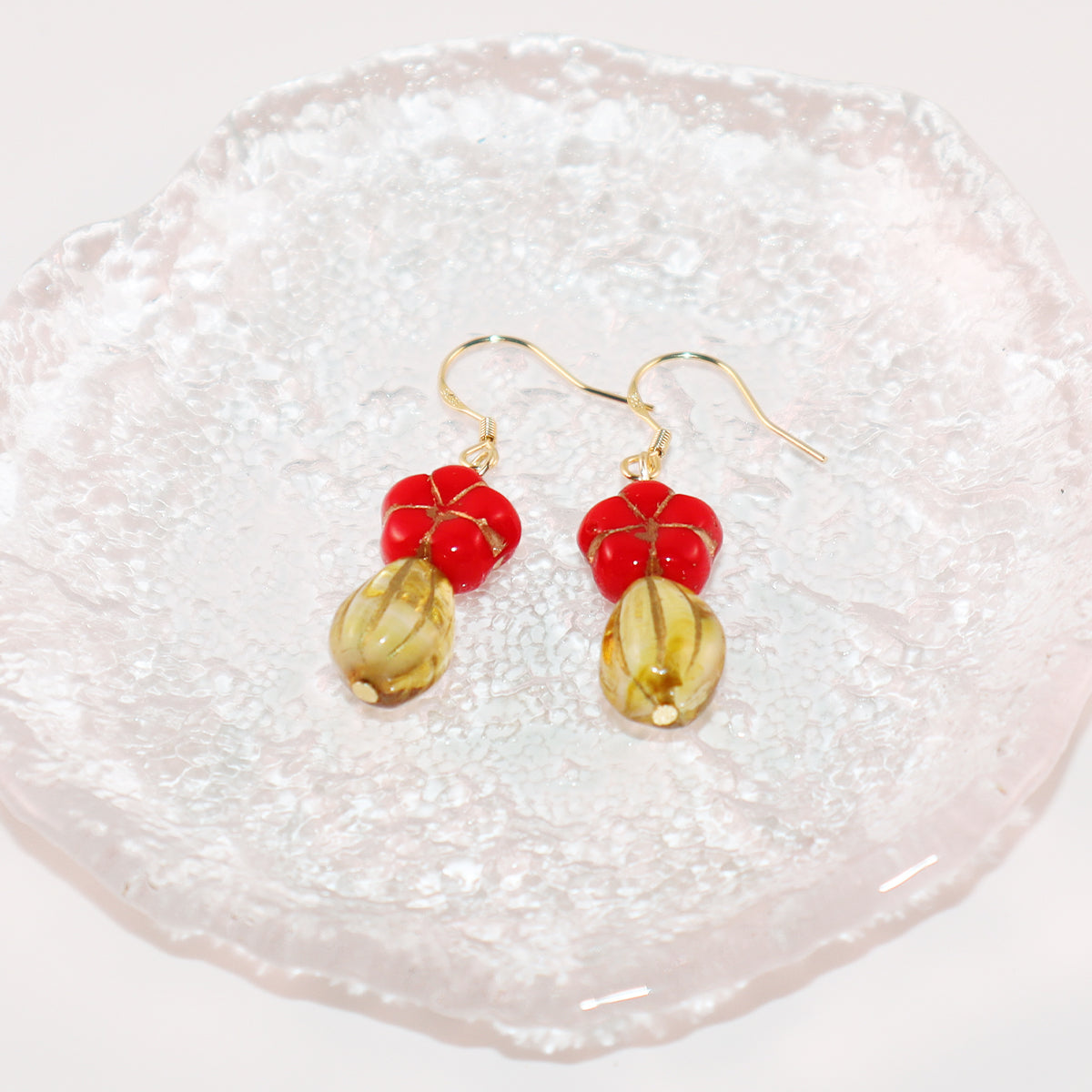 Red Floral Dangle Earrings – Red Flower and Yellow Glass Beads