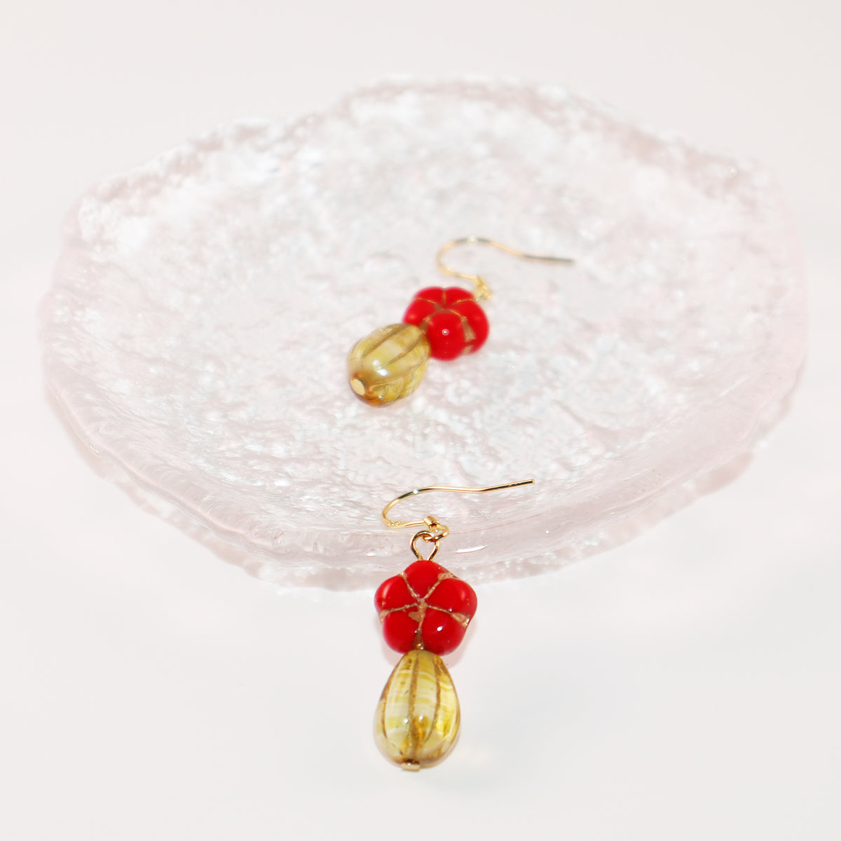 Red Floral Dangle Earrings – Red Flower and Yellow Glass Beads
