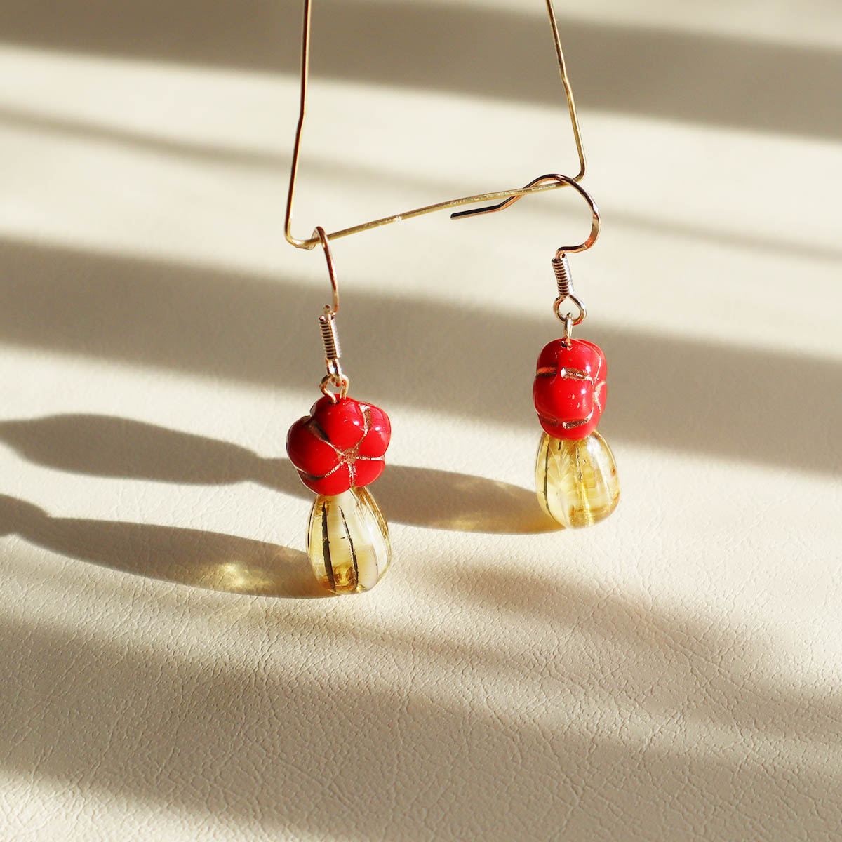 Red Floral Dangle Earrings – Red Flower and Yellow Glass Beads