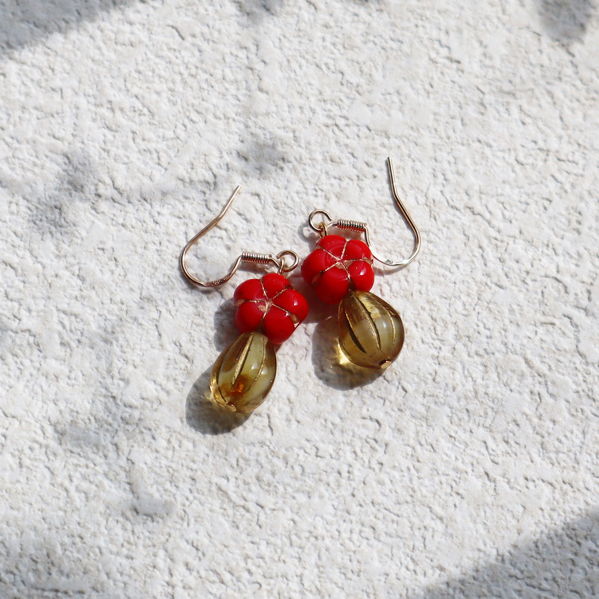 Red Floral Dangle Earrings – Red Flower and Yellow Glass Beads