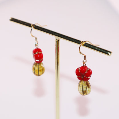 Red Floral Dangle Earrings – Red Flower and Yellow Glass Beads