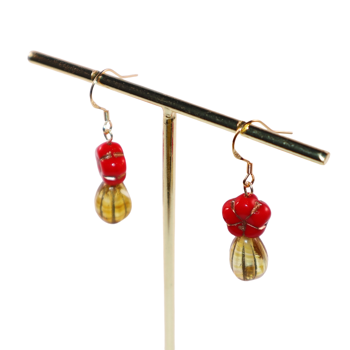 Red Floral Dangle Earrings – Red Flower and Yellow Glass Beads