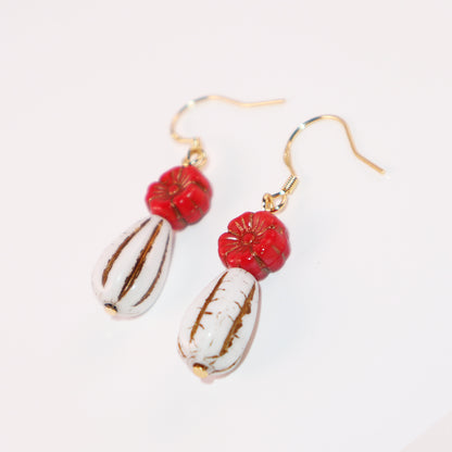 Red Flower Beaded Earrings – Red Flower and White Beads