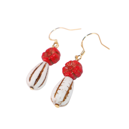 Red Flower Beaded Earrings – Red Flower and White Beads