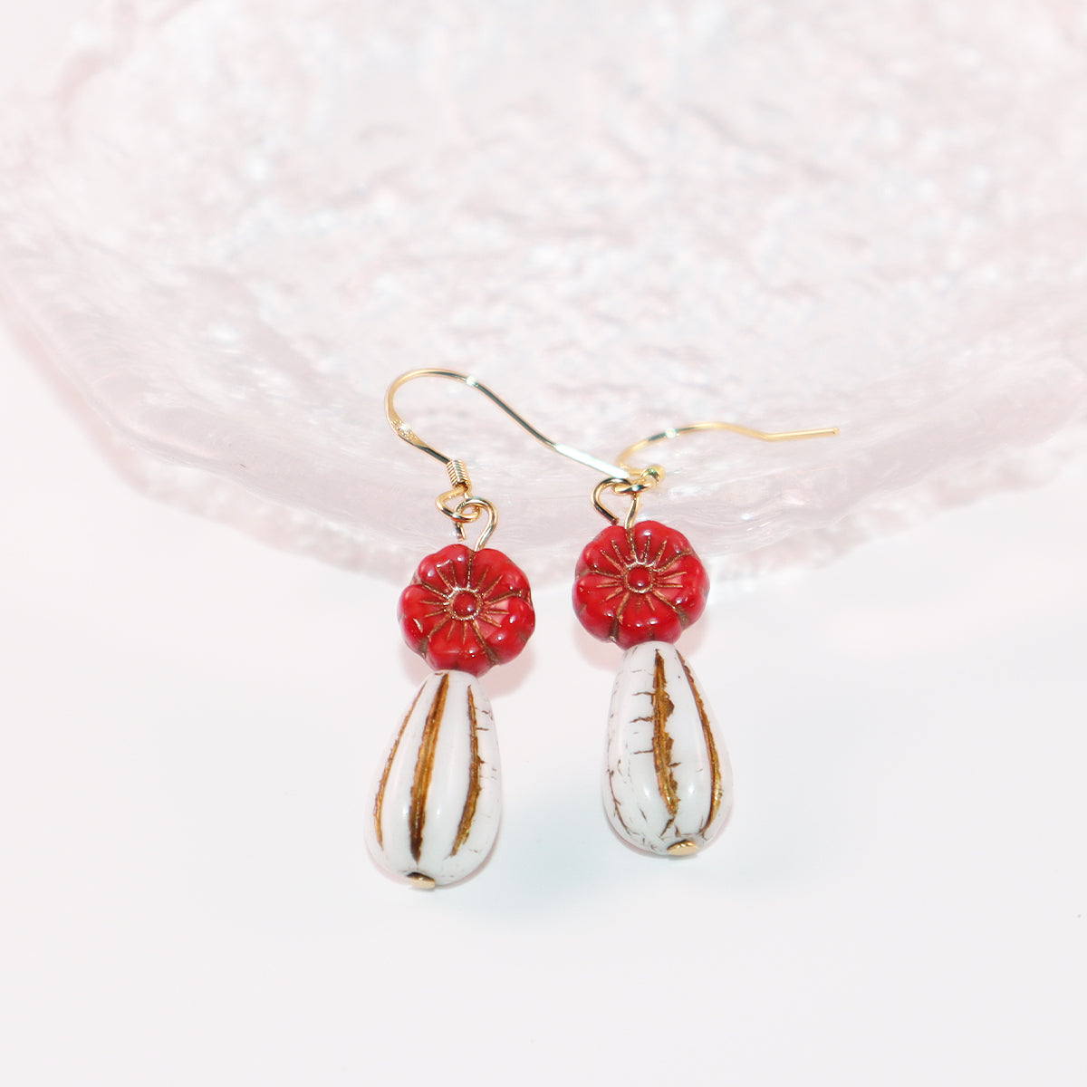 Red Flower Beaded Earrings – Red Flower and White Beads