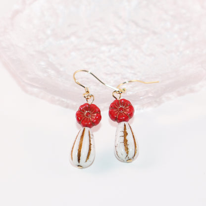Red Flower Beaded Earrings – Red Flower and White Beads
