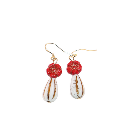 Red Flower Beaded Earrings – Red Flower and White Beads