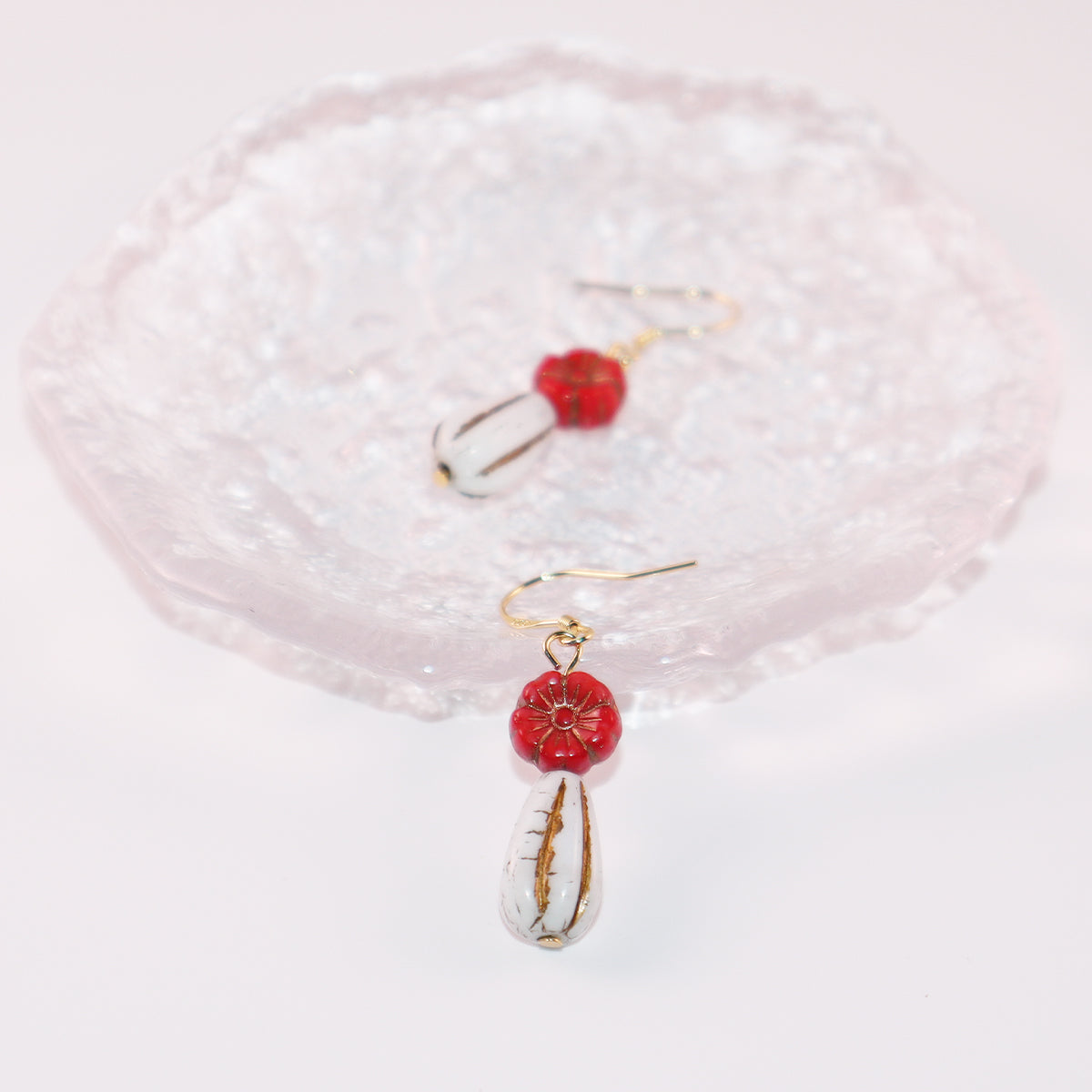 Red Flower Beaded Earrings – Red Flower and White Beads