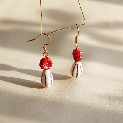 Red Flower Beaded Earrings – Red Flower and White Beads