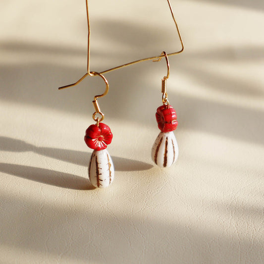 Red Flower Beaded Earrings – Red Flower and White Beads