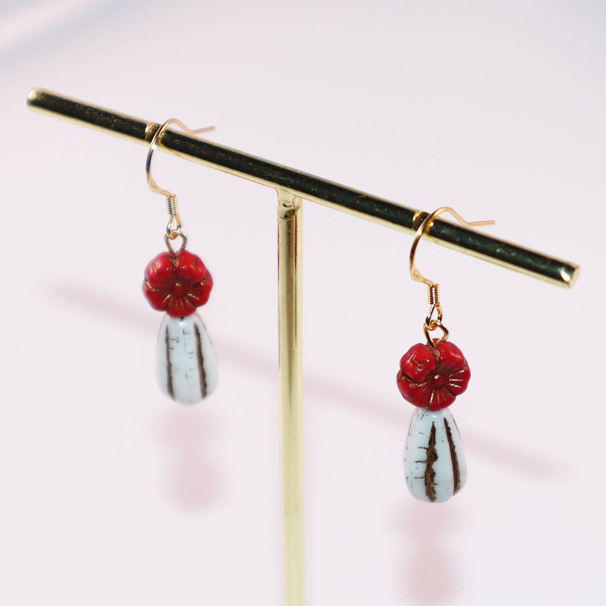 Red Flower Beaded Earrings – Red Flower and White Beads