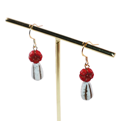 Red Flower Beaded Earrings – Red Flower and White Beads