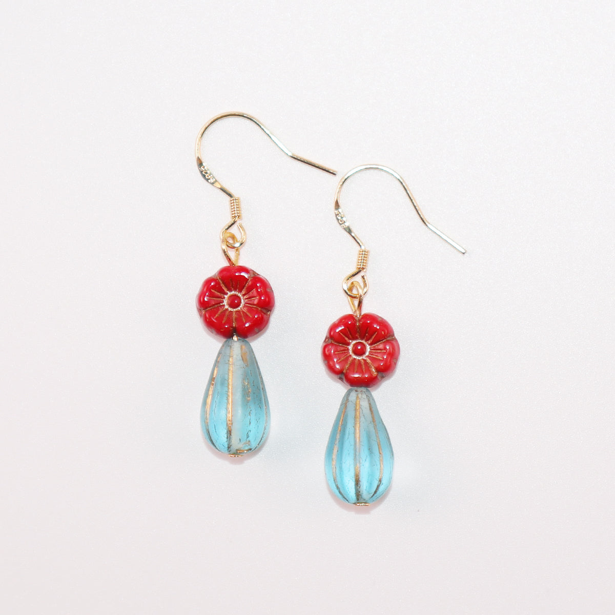 Red Floral Beaded Earrings – Red Flower with Blue Beads