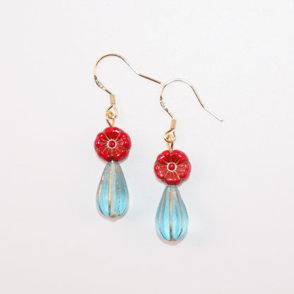 Red Floral Beaded Earrings – Red Flower with Blue Beads
