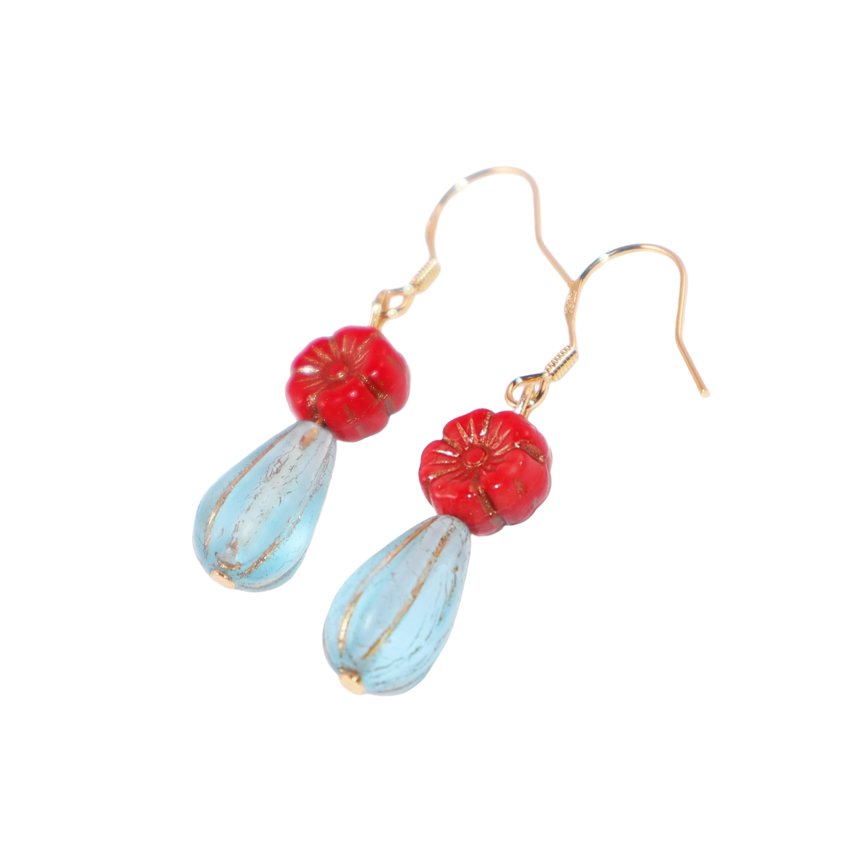 Red Floral Beaded Earrings – Red Flower with Blue Beads