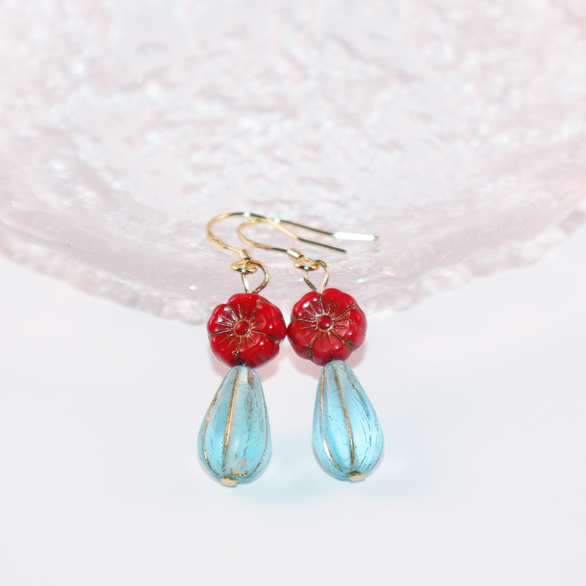 Red Floral Beaded Earrings – Red Flower with Blue Beads